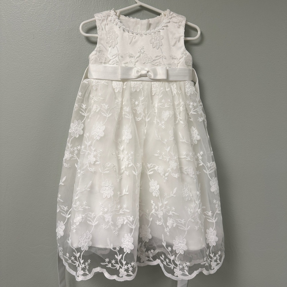 White Floral Embroidered Tulle Flower Girl Dress Sleeveless Formal Occasion Bow
